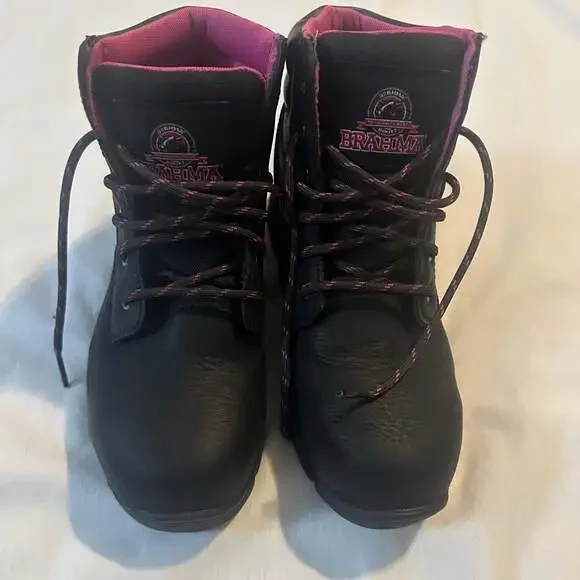 Brahma Bevel Women's Steel Toe Black Pink Leather Utility Work Boots - Picture 2 of 12
